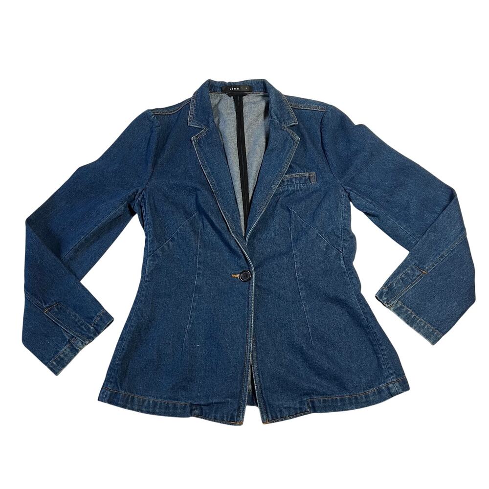 VTG View V-Neck Denim Single Button Blazer Size 6 Office Y2K Hipster 90s Casual